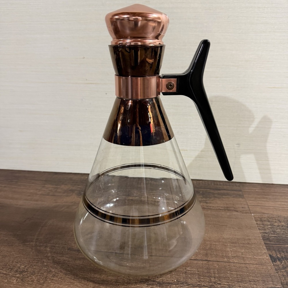 Vintage MCM Atomic 1960s Inland Glass Coffee Carafe Stripes Rose Bronze Copper